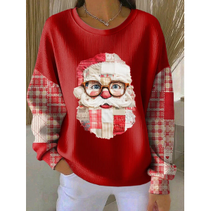 Women Santa Claus Crew Neck Printing Casual Spring/Fall Long Sleeve Sweatshirt