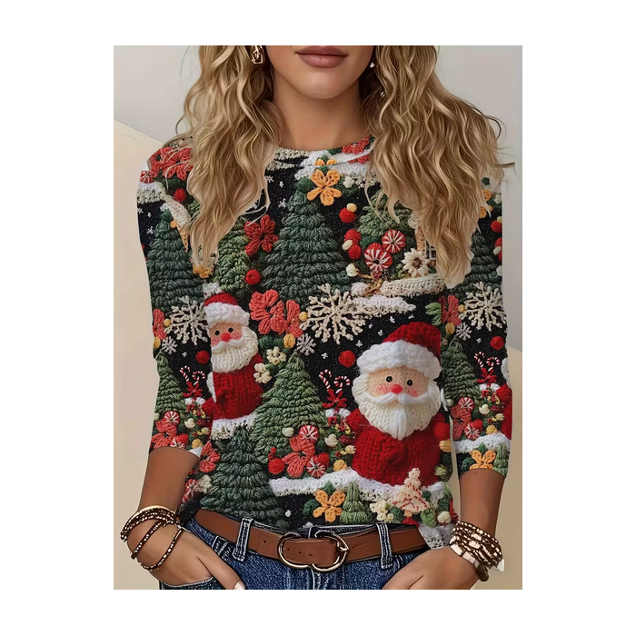 Women Santa Claus Long Sleeve Tee T-shirt Crew Neck Printing Casual Spring/Fall Graphic Tee Top