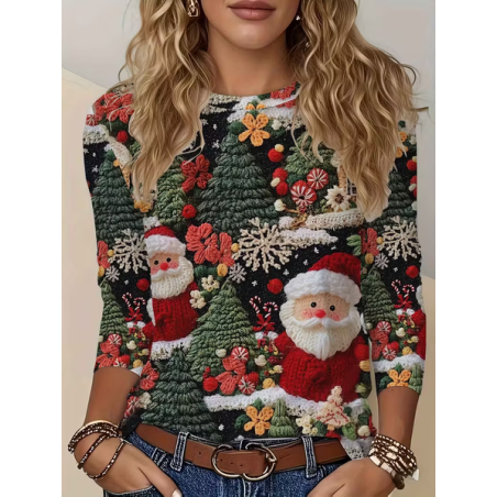 Women Santa Claus Long Sleeve Tee T-shirt Crew Neck Printing Casual Spring/Fall Graphic Tee Top