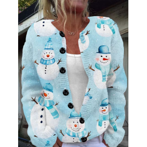 Women Christmas Snowman Printing Long Sleeve Crew Neck Vintage Spring/Fall Cardigan Outerwear