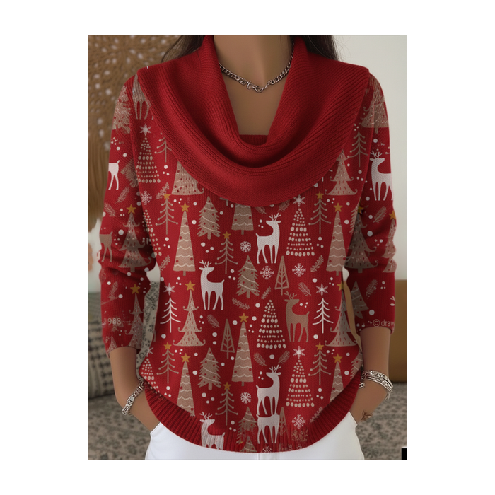 Women Christmas Printing Spring/Fall Casual Long Sleeve Cowl Neck Sweater