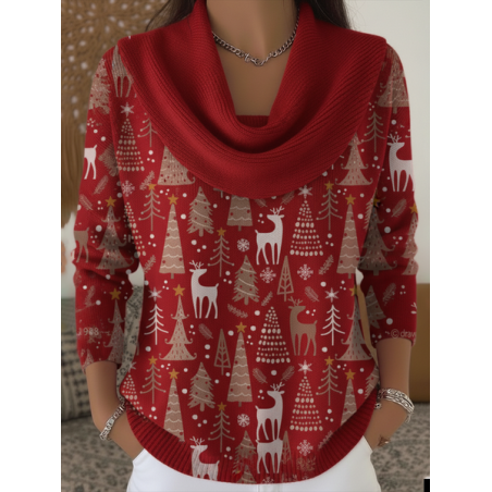 Women Christmas Printing Spring/Fall Casual Long Sleeve Cowl Neck Sweater