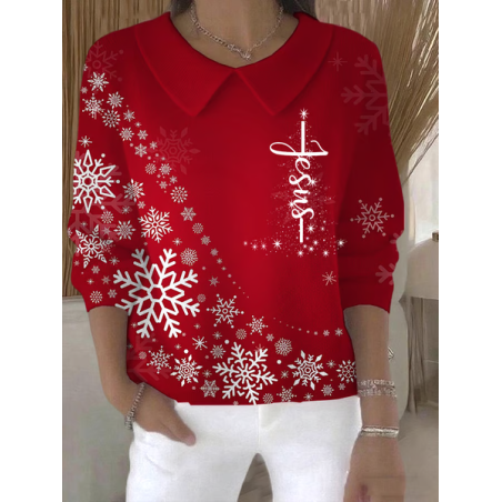 Women Christmas Printing Spring/Fall Casual Long Sleeve Shawl Collar Sweater
