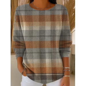Women Plaid Printing Spring/Fall Casual Long Sleeve Crew Neck Sweater