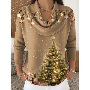 Women Christmas Printing Spring/Fall Casual Long Sleeve Cowl Neck Sweater