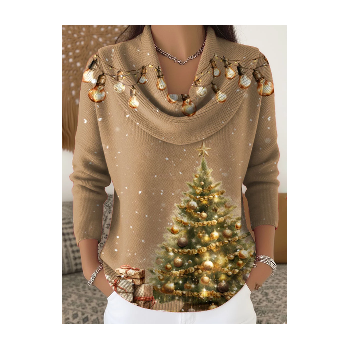 Women Christmas Printing Spring/Fall Casual Long Sleeve Cowl Neck Sweater
