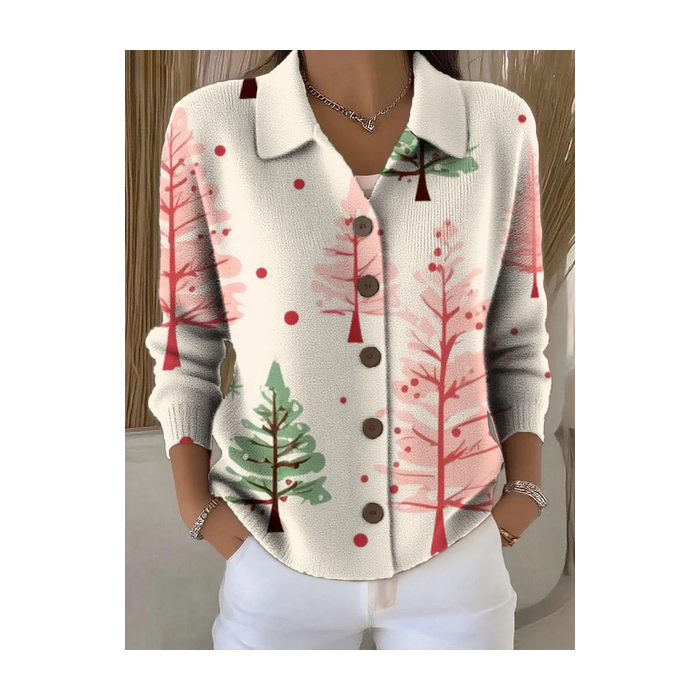 Women Christmas Printing Long Sleeve Shawl Collar Vintage Spring/Fall Cardigan Outerwear