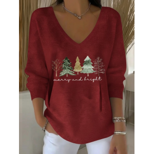 Women Christmas Long Sleeve Tee T-shirt V Neck Printing Casual Spring/Fall Top