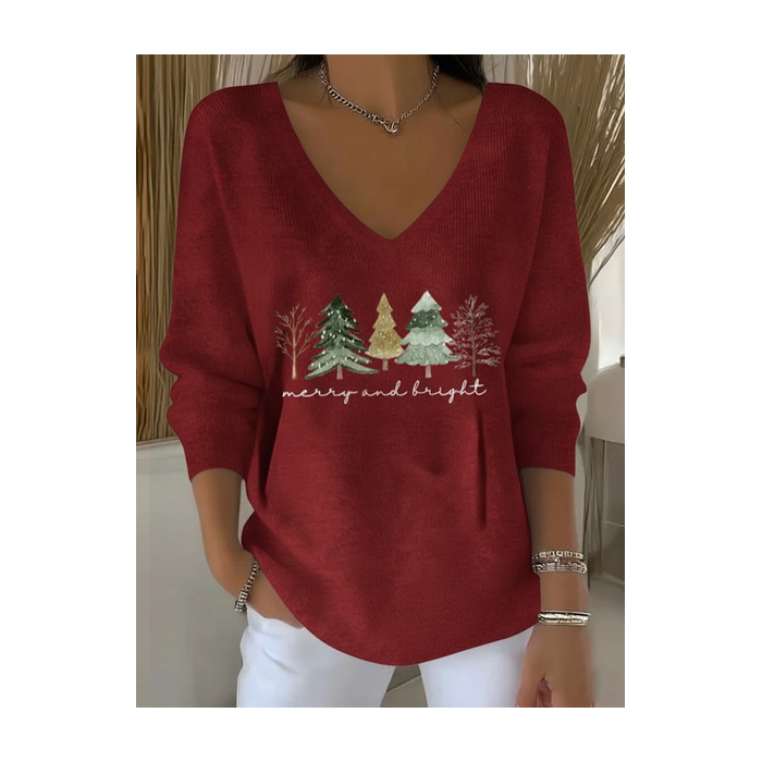 Women Christmas Long Sleeve Tee T-shirt V Neck Printing Casual Spring/Fall Top