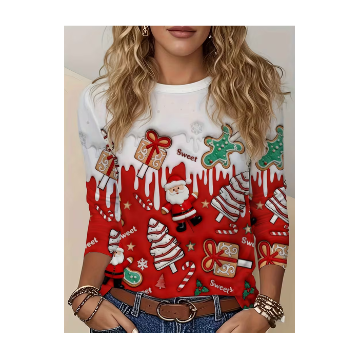 Women Santa Claus Long Sleeve Tee T-shirt Crew Neck Printing Casual Spring/Fall Graphic Tee Top