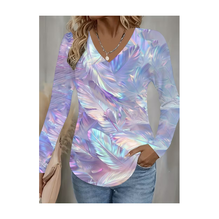 Women Abstract Long Sleeve Tee T-shirt V Neck Printing Casual Spring/Fall Graphic Tee Top