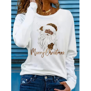 Women Santa Claus Long Sleeve Tee T-shirt Crew Neck Printing Casual Spring/Fall Graphic Tee Top
