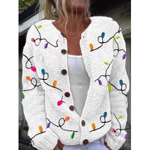 Women Christmas Printing Long Sleeve Crew Neck Vintage Spring/Fall Cardigan Outerwear