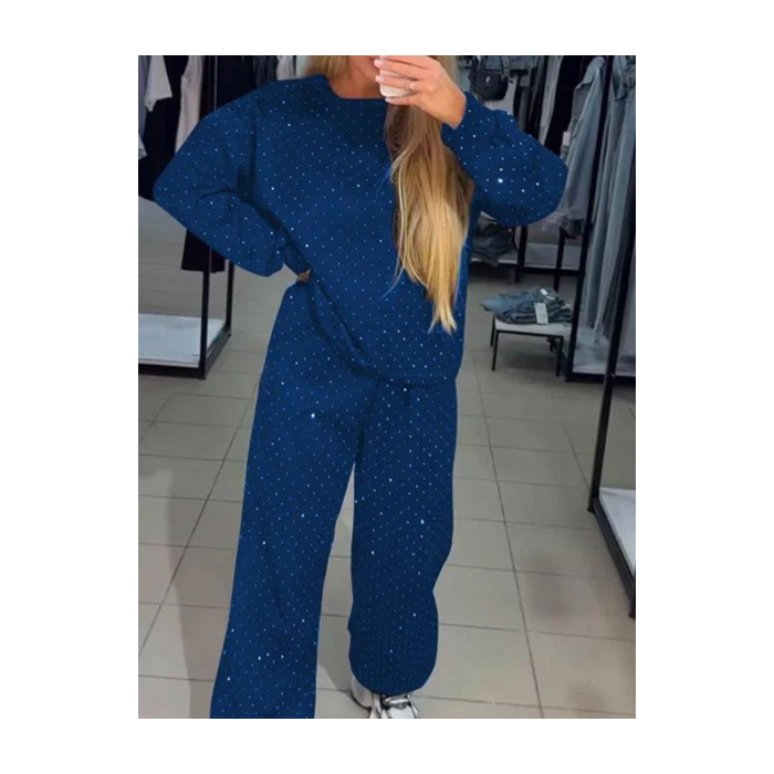 Women Plain Split Joint Two-Piece Set Daily Long Sleeve Casual Spring/Fall Top With Pants Matching Set