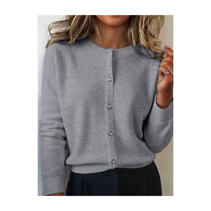 Women Plain Long Sleeve Crew Neck Vintage Winter Cardigan Outerwear