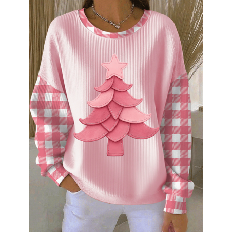 Women Plaid Crew Neck Printing Casual Spring/Fall Long Sleeve Sweatshirt