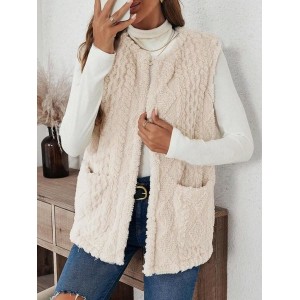 Embossed Street Plain Regular Fit Double-sided Collarless Plush Pocket Casual Cardigan Vest