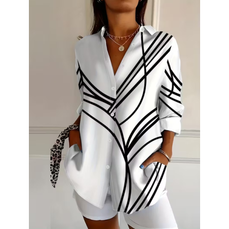 Women Abstract Long Sleeve Shirt Spring/Fall Buckle Shirt Collar Regular Sleeve Daily Casual Top