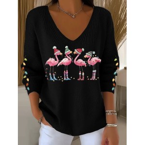 Women Christmas Long Sleeve Tee T-shirt V Neck Printing Casual Spring/Fall Top