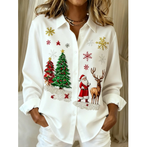 Women Santa Claus Long Sleeve Shirt Spring/Fall Buckle Shirt Collar Regular Sleeve Daily Casual Top