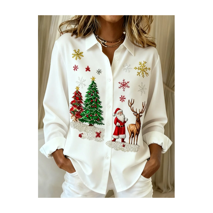 Women Santa Claus Long Sleeve Shirt Spring/Fall Buckle Shirt Collar Regular Sleeve Daily Casual Top