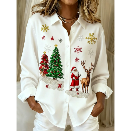 Women Santa Claus Long Sleeve Shirt Spring/Fall Buckle Shirt Collar Regular Sleeve Daily Casual Top