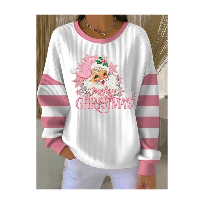Women Striped Crew Neck Printing Casual Spring/Fall Long Sleeve Sweatshirt