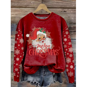 Women Santa Claus Crew Neck Printing Casual Spring/Fall Long Sleeve Sweatshirt