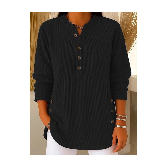 Women Plain Long Sleeve Tee T-shirt Crew Neck Buckle Vintage Spring/Fall Top
