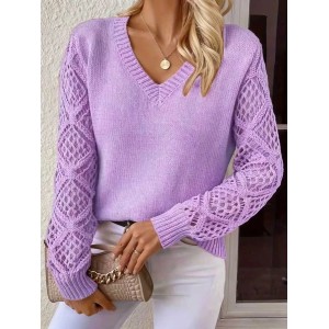 Women Plain Jacquard Winter Casual Long Sleeve V Neck Wool Sweater