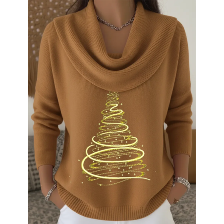 Women Christmas Printing Spring/Fall Casual Long Sleeve Cowl Neck Sweater