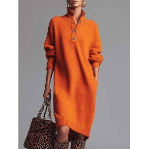Women Plain Long Sleeve Autumn Dress Turtleneck Daily Casual Midi H-Line Dress