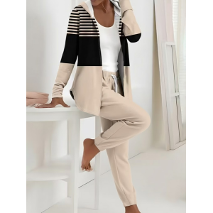 Women Striped Printing Two-Piece Set Daily Long Sleeve Casual Spring/Fall Coat With Pants Matching Set