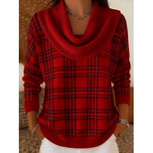 Women Plaid Printing Spring/Fall Casual Long Sleeve Cowl Neck Sweater