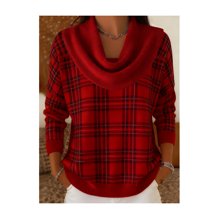 Women Plaid Printing Spring/Fall Casual Long Sleeve Cowl Neck Sweater