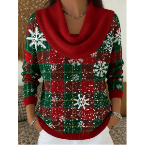 Women Christmas Printing Spring/Fall Casual Long Sleeve Cowl Neck Sweater