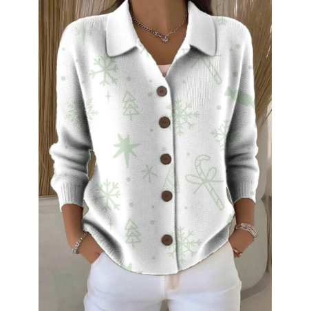 Women Christmas Printing Long Sleeve Shawl Collar Vintage Spring/Fall Cardigan Outerwear