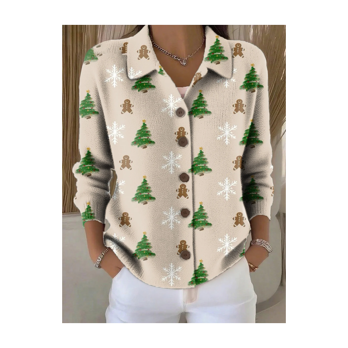 Women Christmas Printing Long Sleeve Shawl Collar Vintage Spring/Fall Cardigan Outerwear