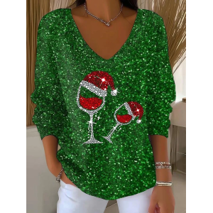 Women Christmas Long Sleeve Tee T-shirt V Neck Printing Casual Spring/Fall Top