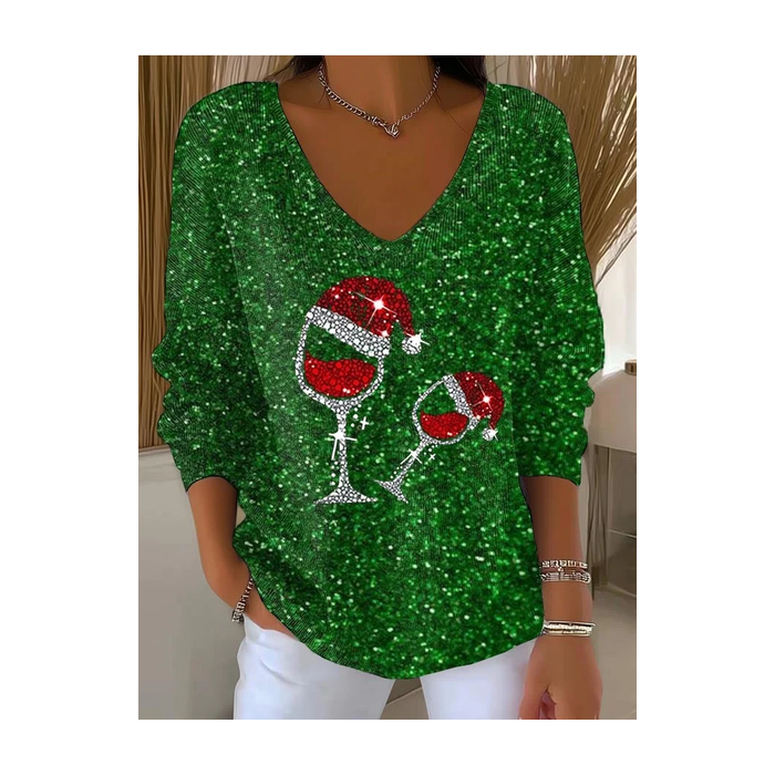 Women Christmas Long Sleeve Tee T-shirt V Neck Printing Casual Spring/Fall Top