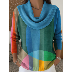 Women Abstract Printing Spring/Fall Casual Long Sleeve Cowl Neck Sweater