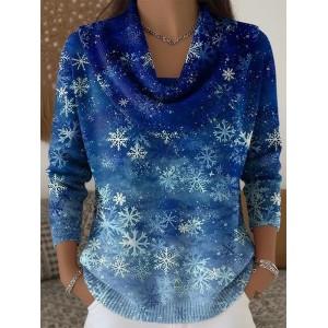 Women Christmas Printing Spring/Fall Casual Long Sleeve Cowl Neck Sweater