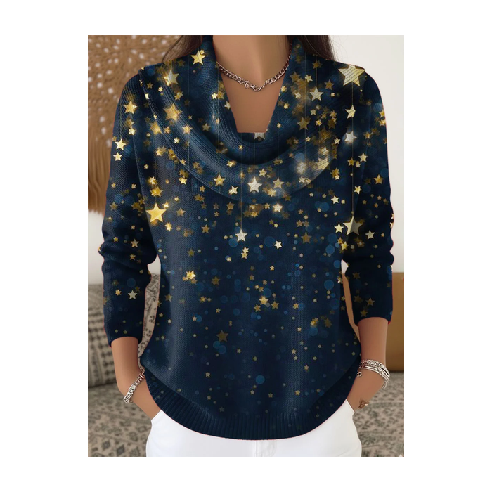 Women Star Printing Spring/Fall Casual Long Sleeve Cowl Neck Sweater