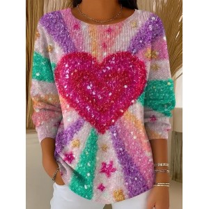Women Heart/Cordate Printing Spring/Fall Casual Long Sleeve Crew Neck Sweater