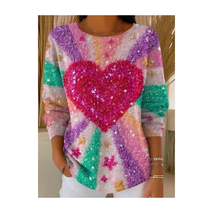 Women Heart/Cordate Printing Spring/Fall Casual Long Sleeve Crew Neck Sweater