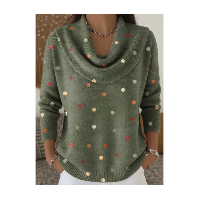 Women Polka Dots Printing Spring/Fall Casual Long Sleeve Cowl Neck Sweater