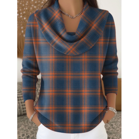 Women Plaid Printing Spring/Fall Casual Long Sleeve Cowl Neck Sweater