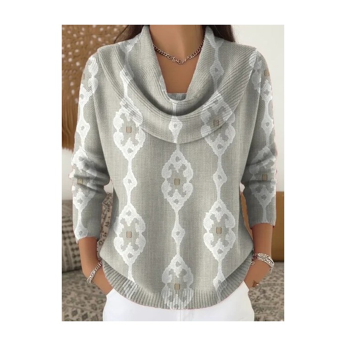 Women Abstract Printing Spring/Fall Casual Long Sleeve Cowl Neck Sweater