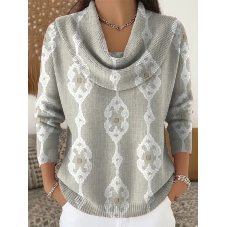 Women Abstract Printing Spring/Fall Casual Long Sleeve Cowl Neck Sweater