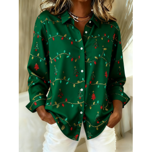 Women Christmas Long Sleeve Shirt Spring/Fall Shawl Collar Holiday Vintage Top